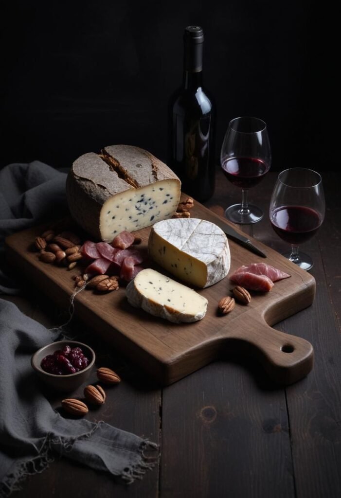 Mesa servida con tabla de quesos y fiambres y copas de vino tinto